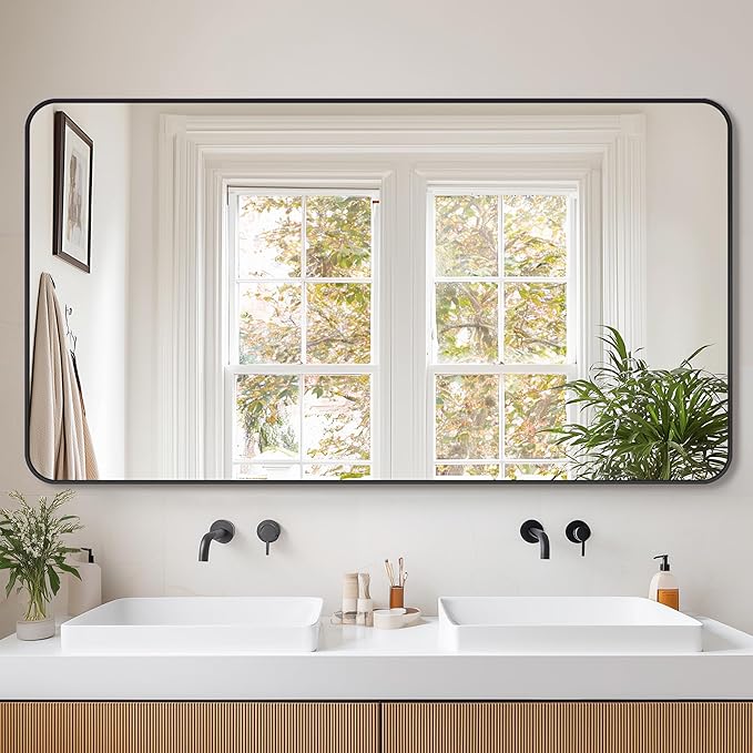 Bathroom Mirrors for Over Sink 55" x 30", Black Metal Frame Rounded Corner Rectangle Wall Mirror, Modern Farmhouse Vanity Mirror(Horizontal/Vertical)