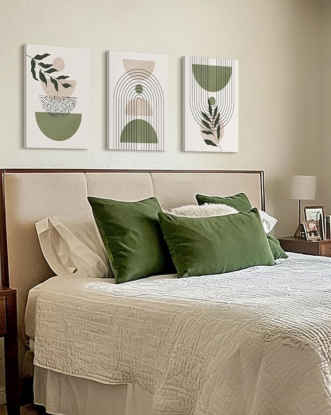 Drsoum Green Botanical Boho Wall Art Framed Modern Sage Bohemian Plant Wall Decor Abstract Geometry Lines Prints Ready to Hang 12x16in Framed