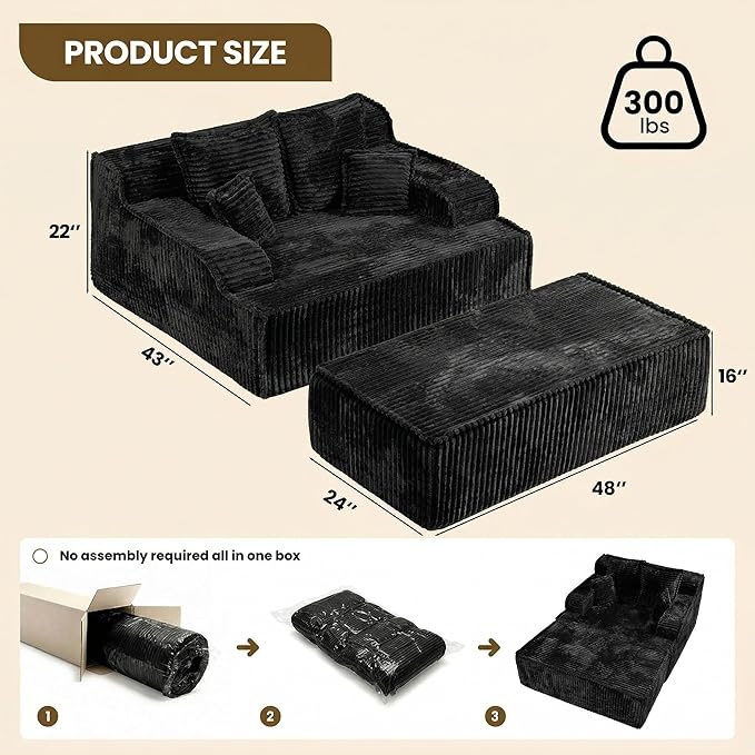 Chaise Lounge Chair Indoor,Boneless Chair with Ottoman,Comfy Reading Chair for Adults,Small Sofa Bed Couch for Living Room,Double Size,Black