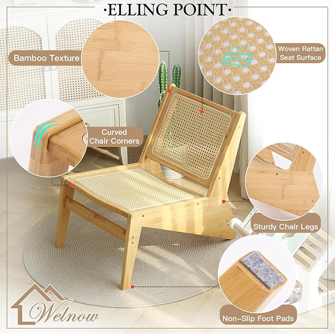 Welnow Mid Century Rattan Accent Chair, Bamboo Wood Lounge Chair with Woven Cane Backrest, Low Armchair for Living Room, Bedroom, Balcony or Reading Corner, Natural