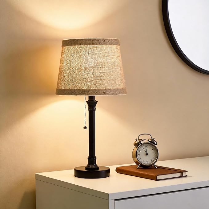 Oneach 19.5" Black Table Lamp Set of 2, Small Bedside Table Lamps with Unique Natural Shade, Pull Chain Switch, USB A+C Charging Ports, Rustic Nightstand Lamps for Living Room, Bedroom, Nursery