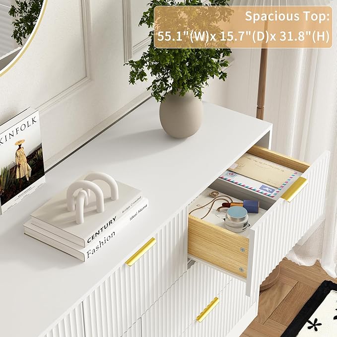 7 Drawers Dresser for Bedroom,55" Wide Fluted Dresser with Deep Drawers, Modern Chest of Drawers, Wood TV Stand Storage Organizer for Closet, Living Room, Hallway, White
