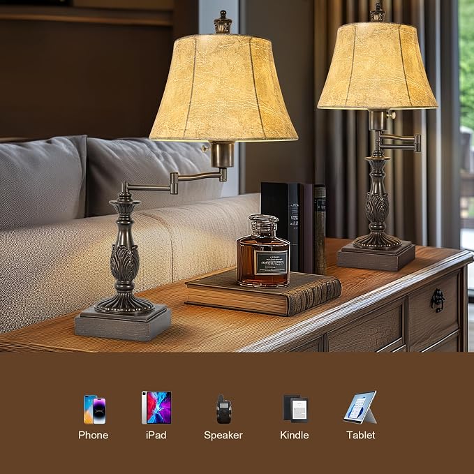 23.5" Rustic Traditional 350° Adjustable Swing Arm Table Lamp Set of 2 with USB A+C Ports Brown Finish Faux Leather Shade Vintage Nightstand lamp for Living Room Bedroom Office (Bulb Included)