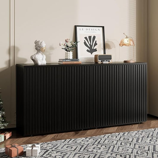 Rophefx Fluted Sideboard Cabinet, 63" Buffet Cabinet with Storage, Credenza Storage Cabinets with Adjustable Shelf, Wood Entryway Cabinets with Pop-up Doors for Living Room, Entryway, Hallway, Black
