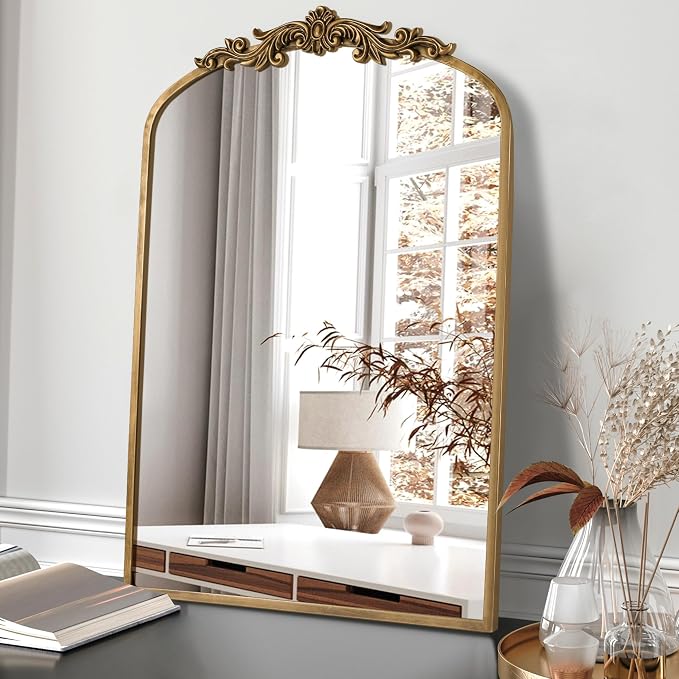 PERFNIQUE Vintage Mirror, 35" X 24" Arched Antique Baroque Wall Mirror, Gold Traditional Wall Decor, Ornate Decor Anthro Look Alike Furniture for Bathroom Living Room Fireplace Entryway Hallway