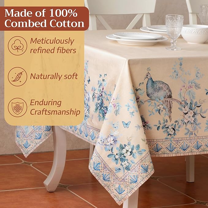 Maison d' Hermine Premium Table Cloth Rectangle Table 100% Combed Cotton 90 x 70 Inches Tablecloth Reusable Decorative for Dining Room Farmhouse Party Festive Wedding - Peacock Utopia - Sandy Beach