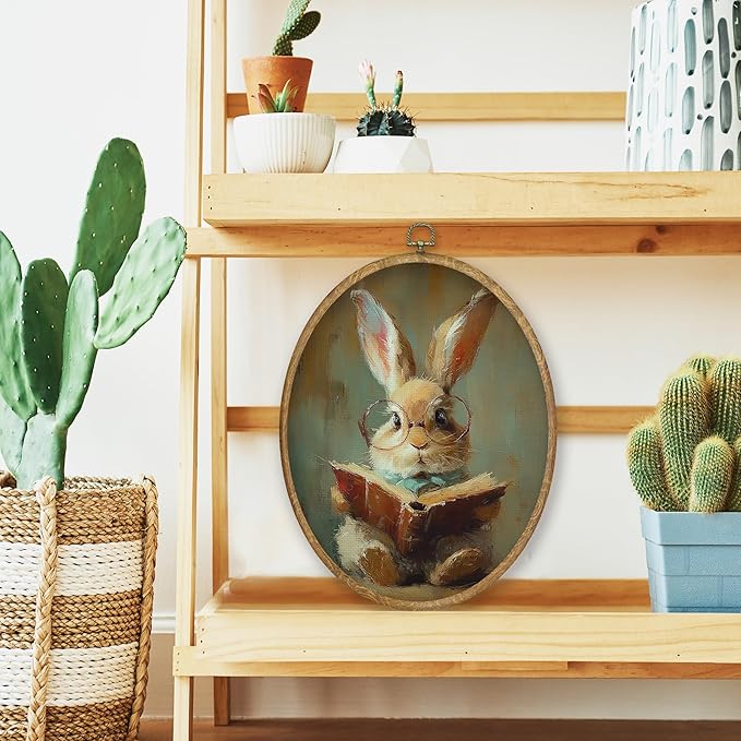 CGBHW Funny Easter Bunny Oval Wall Art Decor, Rustic Bunny Bookish Canvas Prints Framed, Country Farmhouse Rabbit Wall Art Hanging Decor for Reading Room Library Home Kitchen Bedroom, 8.6x11.4 Inch