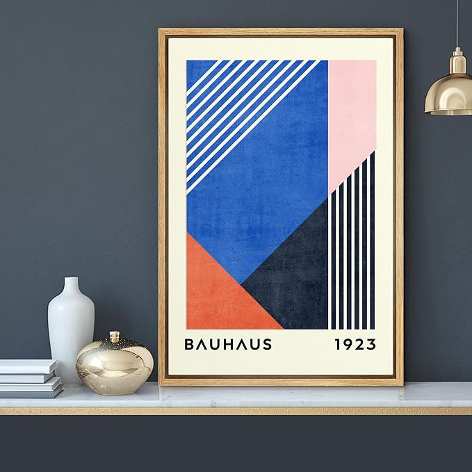 MUDECOR Framed Canvas Print Wall Art Blue Pink Orange Geometric Bauhaus Collage Abstract Shapes Illustrations Fine Art Mid-Century Modern Multicolor for Living Room, Bedroom, Office - 24"x36" Natural