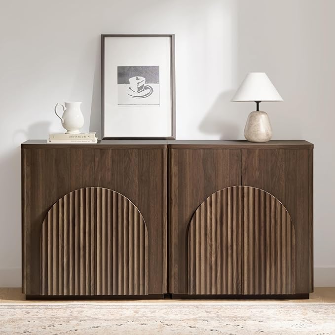 CHITA Sideboard Buffet Cabinet with Storage, Small Storage Cabinet with Doors and Shelves for Living Room Accent, Bar, Kitchen, Set of 2, Walnut