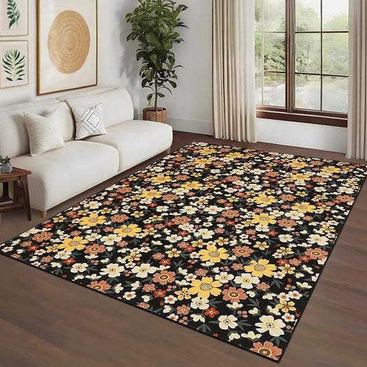 Washable 10x13 Modern Floral Area Rug for Living Room Low Pile Soft Bedroom Rugs Non Slip Abstract Floral Large Carpet Thin Foldable Modern Indoor Carpet for Playroom Open Living Room, Black