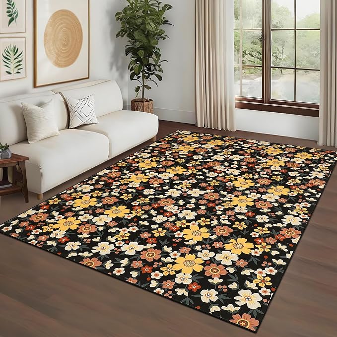 9x12 Area Rug Washable Modern Floral Rug for Living Room Low Pile Soft Bedroom Rugs Non Slip Modern Indoor Large Carpet Thin Foldable Floral Carpet for Nursery Dining Playroom, Black