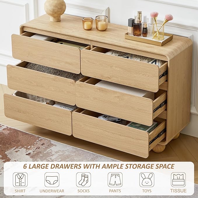 AVZEAR Modern 6 Drawer Dresser for Bedroom, 48" Wide Wooden Dresser Chest of Drawers, Curved Profile Design, Closet Clothes Storage Organizer for Kids Bedroom, Living Room, Nursery, Natural Color