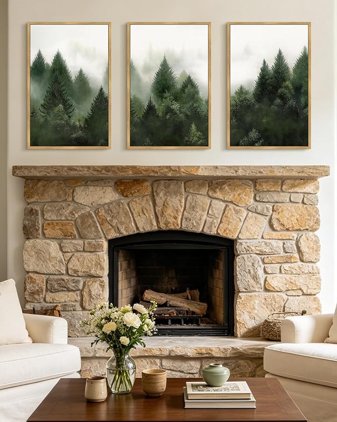 KUVIOKE Morden Green Fog Pine Tree Framed Canvas Wall Art Nature Nordic Forests Artwork Painting Bedroom Decor 16x24in (Natural Framed)