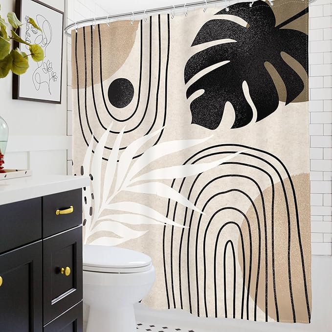 Glawry Boho Mid Century Shower Curtain Abstract Plant Tropical Palm Leaf Modern Minimalist Arch Geometric Bathroom Black Beige Brown 60Wx72L Inches Bath Accessories Art Home Decor Fabric 12 Pack Hooks