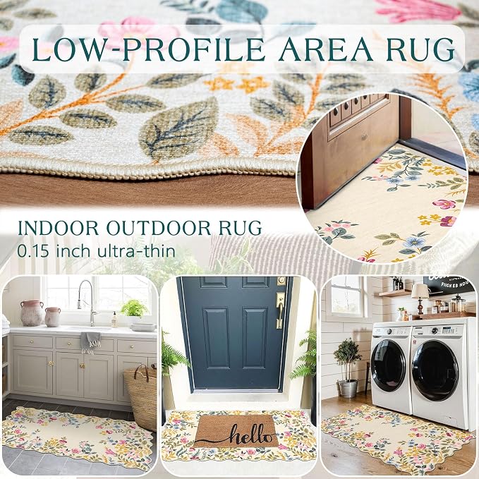 Front Door Mat Indoor Entrance - 2x4.3 Beige Colorful Floral Washable Layered Doormat Outdoor Entrance Porch Rug Non-Slip Boho Runner Rug for Kitchen Hallway Bedroom Laundry Room Porch Decor