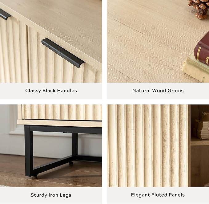 Fluted Storage Cabinet with 3 Doors, Sideboard Buffet Cabinets Adjustable Shelves, Credenza Console Table Cabinets for Living Room, Light Oak