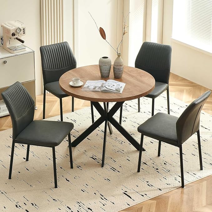 37" Round Dining Table Set for 4, Mid Century Modern Small Coffee Set for Dining Room Kitchen Apartment (Walnut Table + 4 PU Leather Dark Grey Chairs)