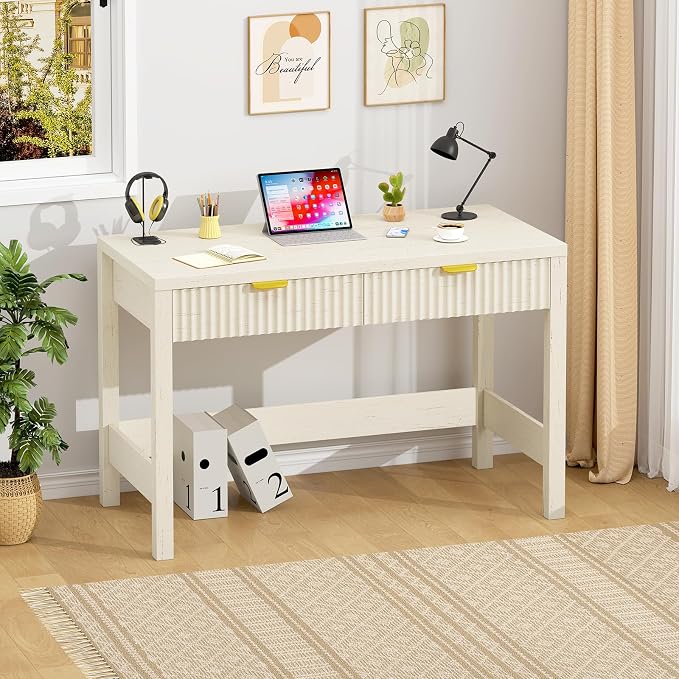 YOMILUVE Fluted Computer Desk with 2 Drawers, 39 Inch Small Computer Desk with Storage, Compact Writing Study Vanity Desk for Small Spaces, White
