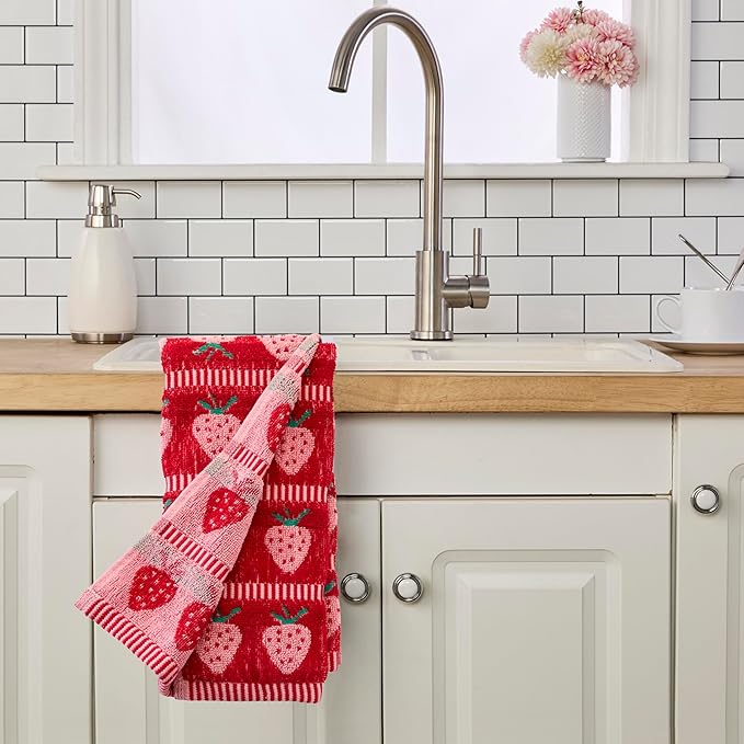 SKL Home Strawberry Jacquard 100% Cotton 2pc Hand Towel Set, Reversible & Decorative for Bath/Kitchen/Bar & Gift, Red