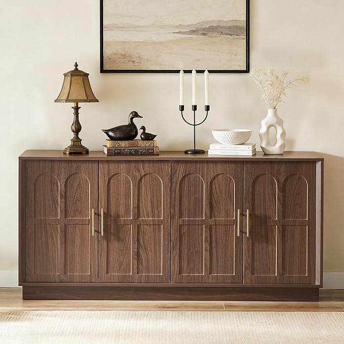 LKTART Sideboard Buffet Cabinet with Storage, Modern Credenza Accent Console Cabinets with Arched Doors, Kitchen Buffet Cabinet for Living Room Dining Room Entryway, Walnut