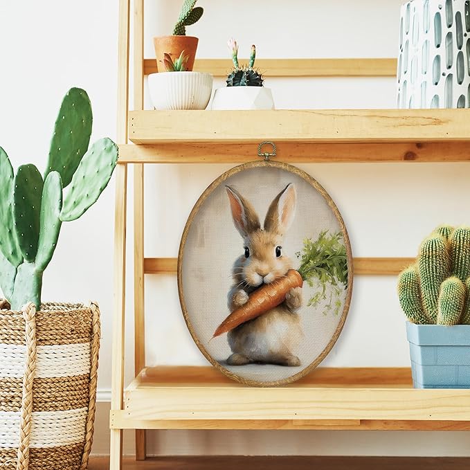 CGBHW Vintage Easter Bunny Oval Wall Art Decor, Rustic Bunny and Carrot Canvas Prints Framed, Cottagecore Easter Rabbit Wall Art Hanging Decor for Kitchen Home Bedroom Living Room, 8.6x11.4 Inch