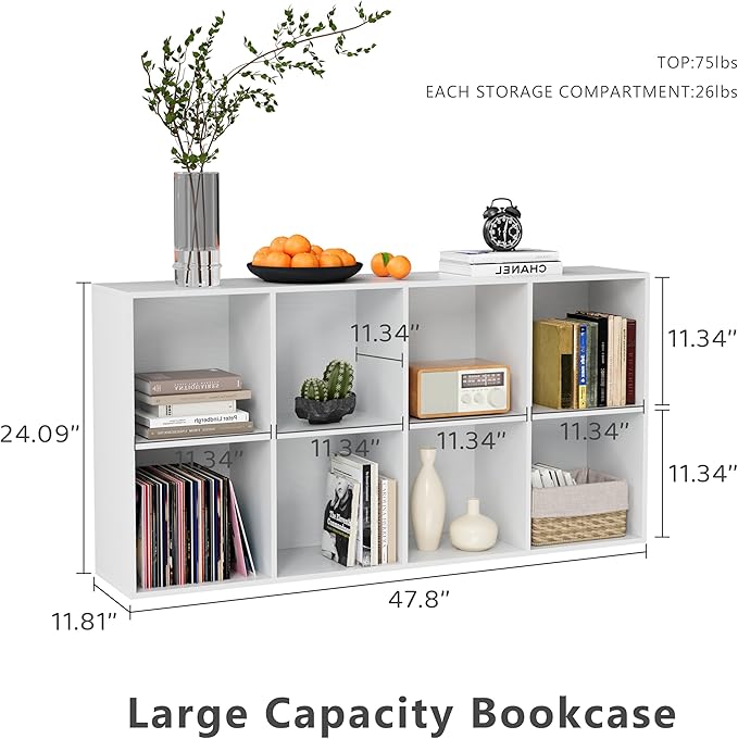 Wooden Storage Organizer with Closed Back Panel, 11in Cube Shelf Opening, Bookshelf, Display Shelf,Closet Cabinet for Home and Office (Embossed White, 8-Cube 47.8L*9.45W*24.09H)