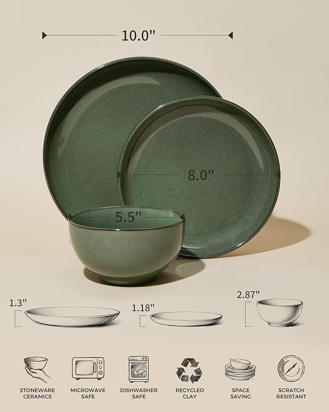 Stoneware Dinnerware Sets, Ceramic Plates and Bowls Set, Microwave & Dishwasher Safe Kitchen Dishes, Modern Dinner Salad Plates | Cereal Bowls, Dishware Sets Service for 4 Forest Green