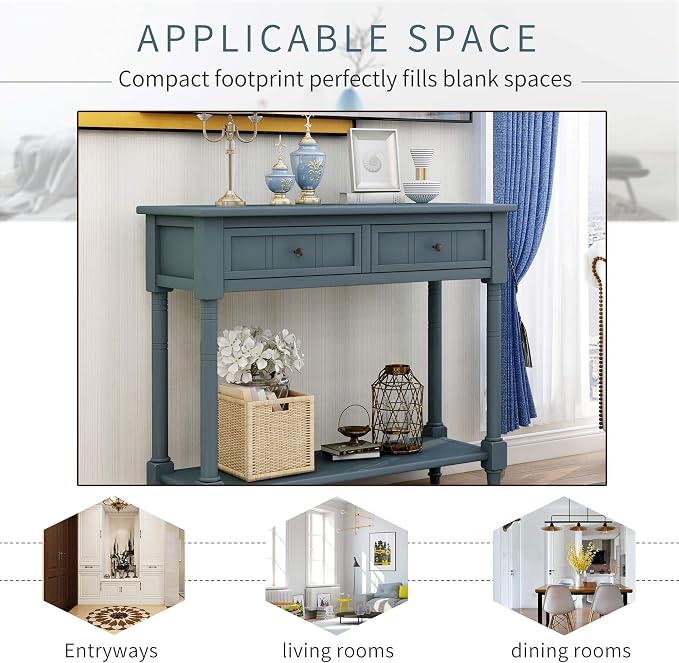 SOFTSEA 35.43” Antique Entry Console Table with Drawers & Bottom Open Shelf, Rustic Entryway Table with Storage, Save Space, Solid Wood Sofa Couch Table for Entryway, Navy
