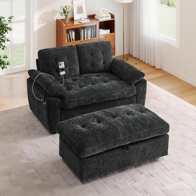 Oversized Chaise Lounge Chair Indoor with Ottoman&Adjustable Backrest,Chenille Tufted Recliner Comfy Loveseat Sofa Chair with USB&Phone Holder,Convertible Sleeper Couch Bed for Living Room(56"W,Black)