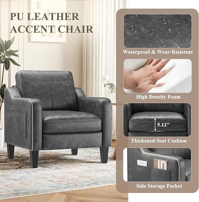 MALOL PU Leather Accent Chair Set of 2, Mid-Century Modern Living Room Armchair Sofa with Removable Cushions, Solid Wood Frame & Stitched Armrest Design, Bedroom Chair with Plastic Legs, Black