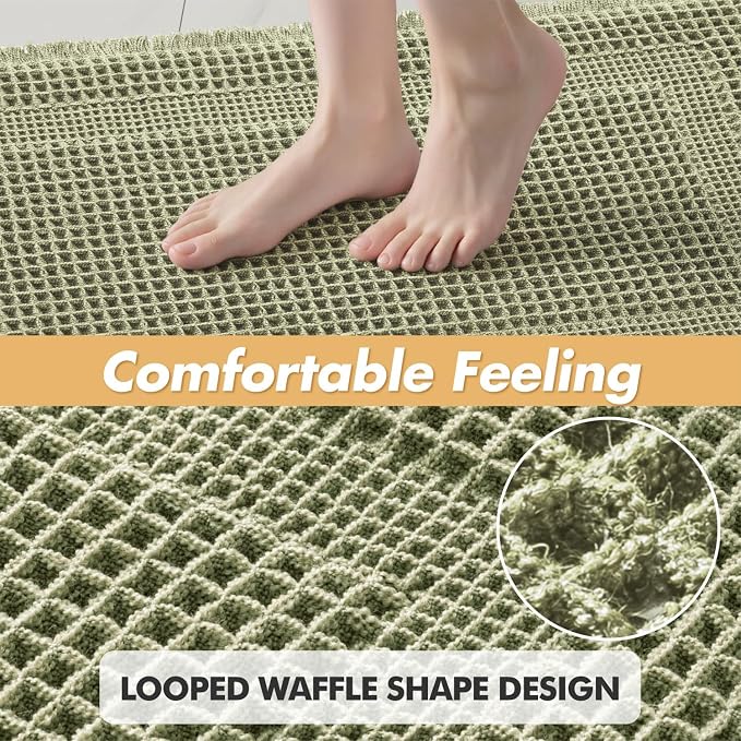 MIULEE Set of 2 Waffle Bathroom Rugs, Boho Bath Rug Super Absorbent, Non Slip Washable Ultra Soft Rubber Backed Shower Bath Mats for Floor, Tub, Shower, Looped Design, Sage Green, 17"x24"+18"x30"