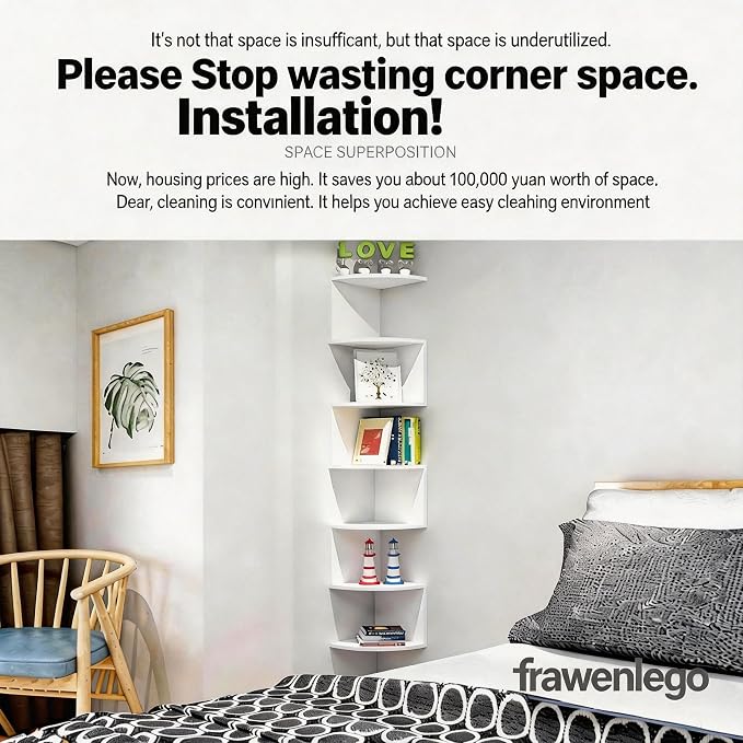 7-Tier Corner Shelf Wall Mount, Screw-Mounted Floating Bookshelf with Enhanced Support, Space-Saving Zigzag Shelf for Bedroom, Living Room, Office, Garage – (White)