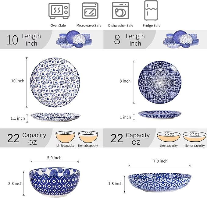 Selamica Ceramic Plates and Bowls Sets,24 Pieces Dinnerware Sets for 6,Scratch Resistant Dish Set for holiday gathering, Dishwasher & Microwave Safe, Vintage Blue