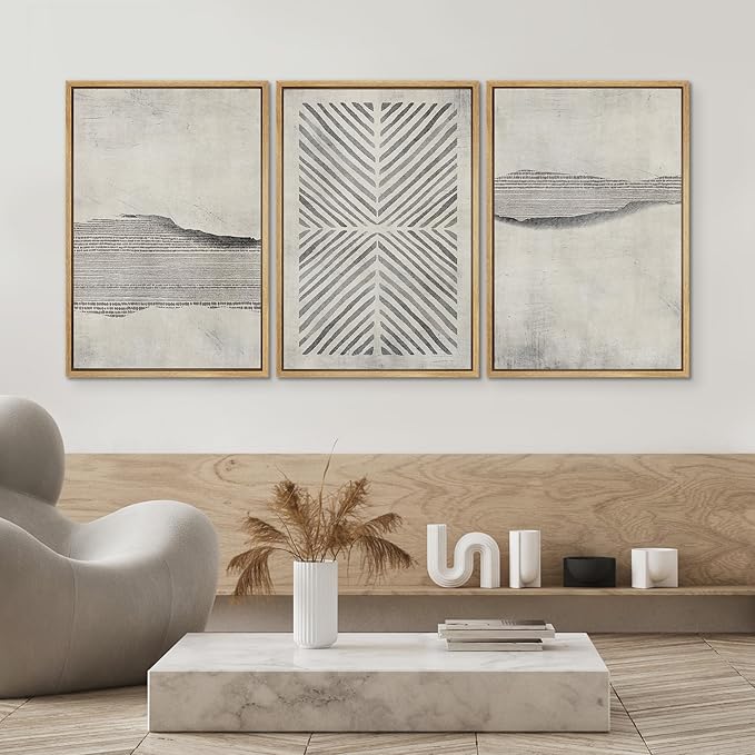 SIGNWIN Framed Canvas Print Wall Art Set Grunge Geometric Line Landscape Abstract Shapes Cozy Neutral Modern Art Decorative Boho Relax Nordic for Living Room, Bedroom, Office - 16"x24"x3 Natural