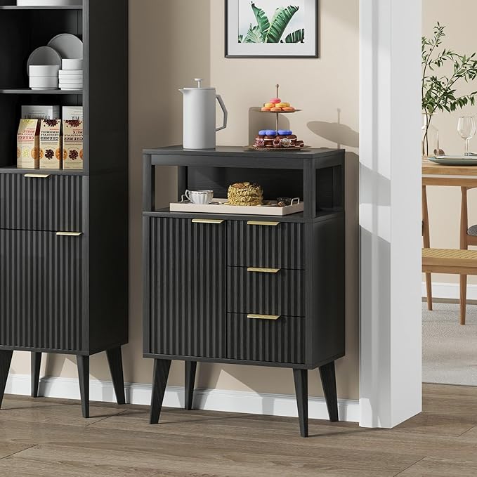 Black Bathroom Floor Cabinet with 3 Fluted Drawers & Door, Modern Storage Sideboard with Open Shelf, Coffee Bar Station for Living Room, Entryway, 23.6 x 11.8 x 34.6 Inches
