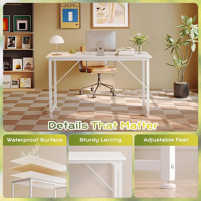 PRAISUN 47 Inch Computer Desk, Home Office Desk with Spacious Desktop, Modern Gaming Desk, Writing Study Table for Bedroom, Small Spaces, Work from Home Desk with Metal Frame, White