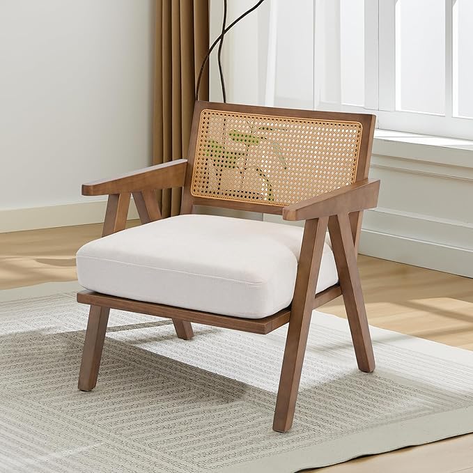 Mid Century Modern Accent Chair, Comfy Living Room Chairs with Sturdy Wood Legs, Rattan Backrest & Beige Thick Linen Cushion, Armchair for Bedroom Balcony Apartment, Beige (2 PCS)