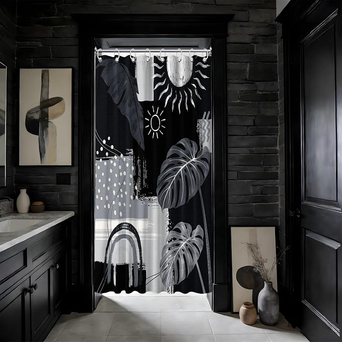 Small Stall Narrow Shower Curtain Black and Gray Stand Up Dark Black and Grey Abstract Shower Curtains for Rv Camper Bathroom Decor Sets, Waterproof Cloth Fabric with Hooks, 36 x 72 Inch