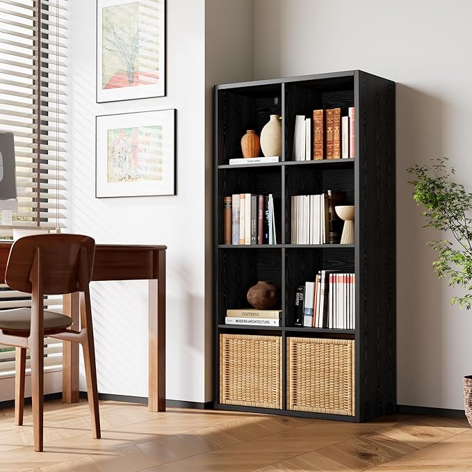 IRONCK Bookshelf, 8-Cube Storage Cube Shelf Organizer, Extra Thick Frame Horizontally & Vertically Reversible Bookcase with Open for Living Room, Bedroom, Home Office, Black