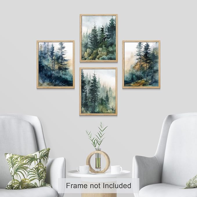 SIGNWIN Adhesive Canvas Poster Green & Teal Watercolor Forest Pine Trees Nature Wilderness Photography Realism Decorative Rustic Cozy Zen for Living Room, Bedroom, Office - 12"x16"x 4