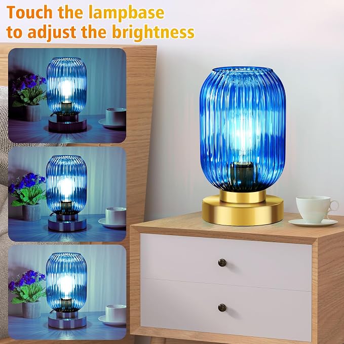 Mid Century Modern Table Lamp with Blue Ribbed Glass Shade, Touch Control & 3 Way Dimmable, Small Gold, Vintage Bedside Lamp for Bedroom, Living Room, Office (Bulb Included)
