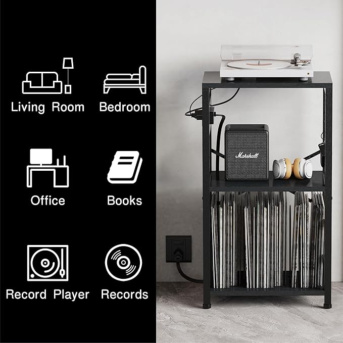 YAKANJ End Table with LED Light,Record Player Stand with Charging Station,Vinyl Records Storage,Turntable Stand Albums Storage for Music Room Studio-Industry Black