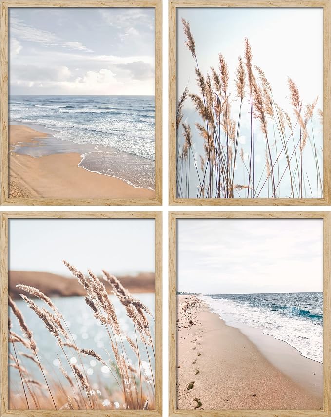 SIGNWIN Framed White Beach Grass Cloudy Ocean Sea Wave Horizon Wall Art, Set of 4 Landscape Colorful Wall Decor Prints, Nature Wilderness Wall Décor for Living Room, Bedroom - 12"x16" Natural