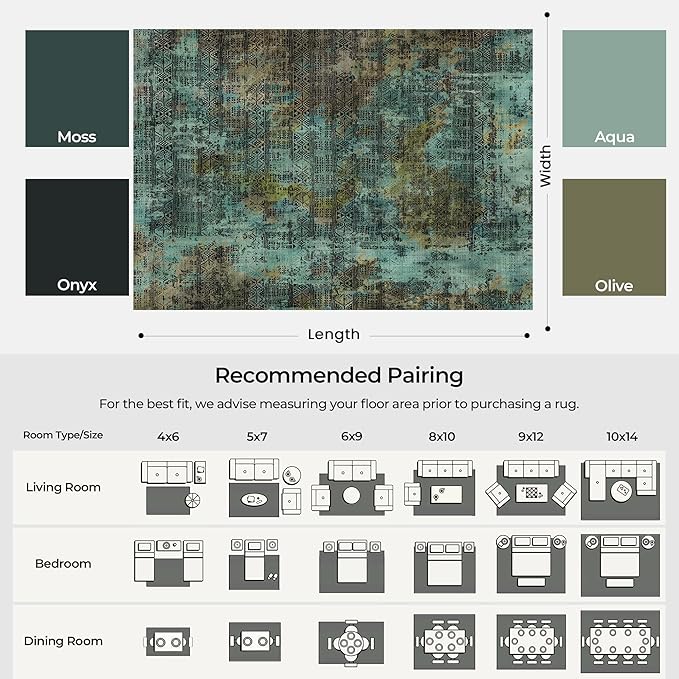 Kokia Abstract 9x12 Area Rugs Living Room Washable Dark Green Low Pile Non-Slip Indoor Decor Carpet Foldable Stain Resistant Ombre Rugs Bedroom Dining Room, Oslo Moss