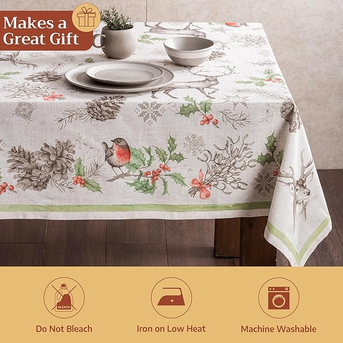 Maison d' Hermine Table Cloth Rectangle Table 100% Cotton 60 x 120 Inches Fall Tablecloth Reusable Everyday Use for Thanksgiving Christmas Decorations Dining Farmhouse Party (Christmas Dew)