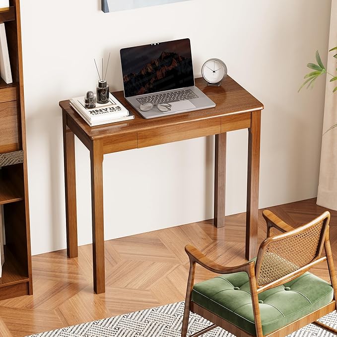 Solid Wooden Desk with Drawers - 32 x 16 Inch Narrow Desks, Rubberwood Mid Century Modern Desks, Small Writing Desk for Bedroom|Small Spaces - Walnut Color