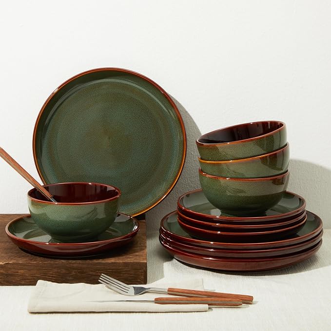 Pokini Stoneware Dinnerware Sets, Ceramic Plates and Bowls Set, Microwave & Dishwasher Safe Kitchen Dishes, Modern Dinner Salad Plates | Cereal Bowls, Dishware Sets Service for 4 Sage Green