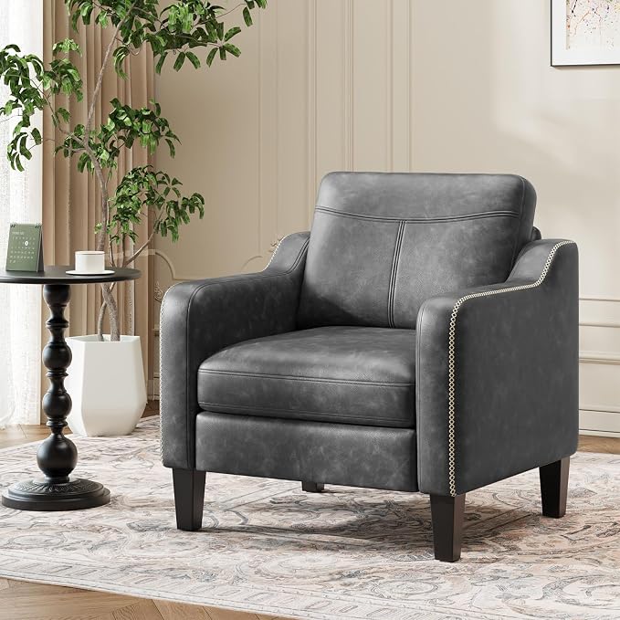 MALOL PU Leather Accent Chair, Mid-Century Modern Living Room Armchair Sofa with Removable Cushions, Solid Wood Frame & Stitched Armrest Design, Bedroom Chair with Plastic Legs, Black