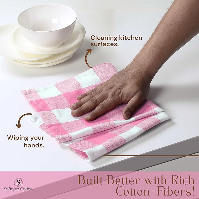Buffalo Check 4 Pack Kitchen Towels, 16"x26", Plaid Dish Towels, 100% Cotton, Absorbent, Washable, Everyday Kitchen Essentials, Soft Cloths for Cleaning, Drying Hands, Pink White
