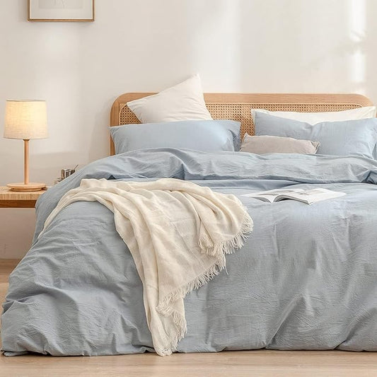 BESTOUCH Duvet Cover Set 100% Washed Cotton Linen Feel Super Soft Comfortable Chic Lightweight 3 PCs Home Bedding Set Solid Cornflower Blue Oversized Full